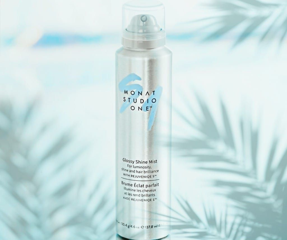 glossy shine mist for heatless braid waves bottle with water and palm trees